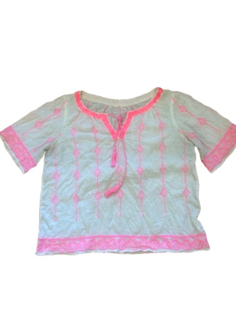 Anthropologie embroidered cotton and sequin top with tassel tie